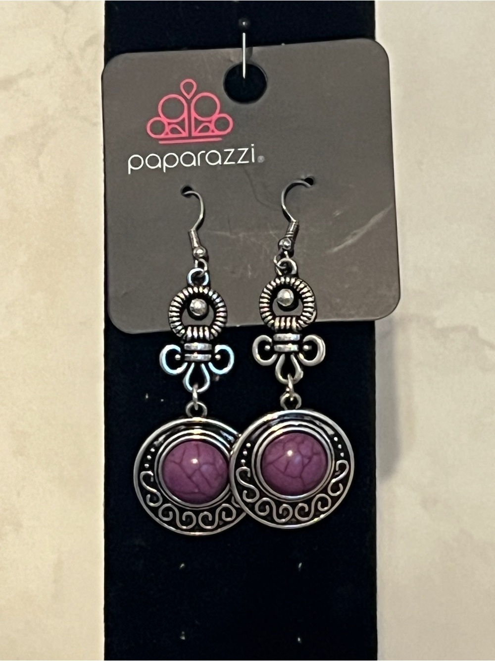 Paparazzi Purple Stone Scrollwork Dangle Earrings
